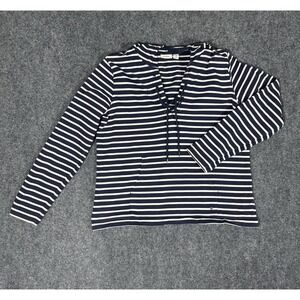 LL‎ Bean Women Organic Cotton Hoodie Quarter String Stripe Blue Medium